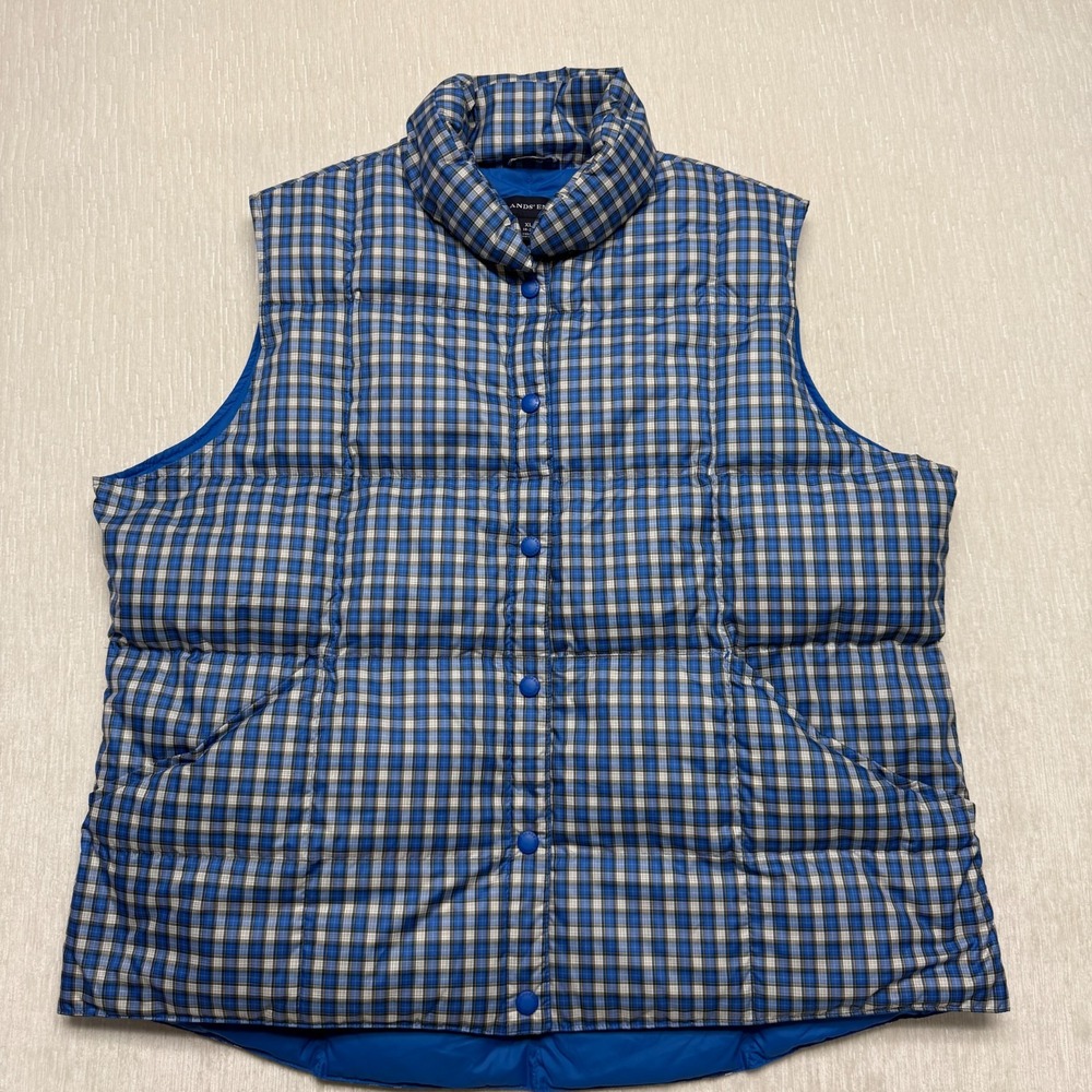 Lands' End Down Puffer Vest Womens XL 18-20 Blue Check Softshell Outdoor Snaps